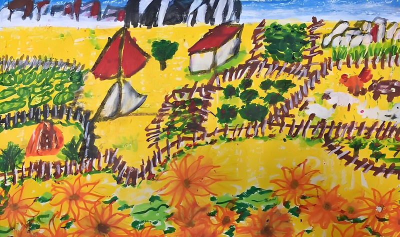 tranh vẽ cánh đồng lúa của học sinh 6