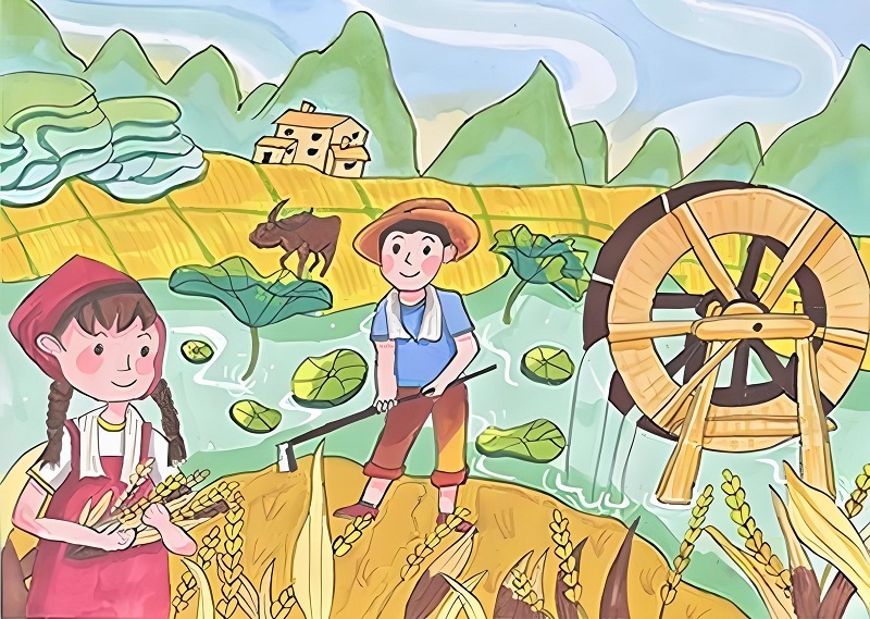 tranh vẽ cánh đồng lúa của học sinh 7