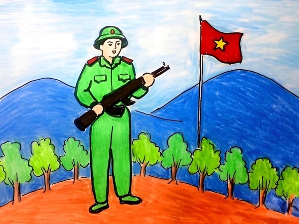 tranh vẽ chú bộ đội đứng gác​