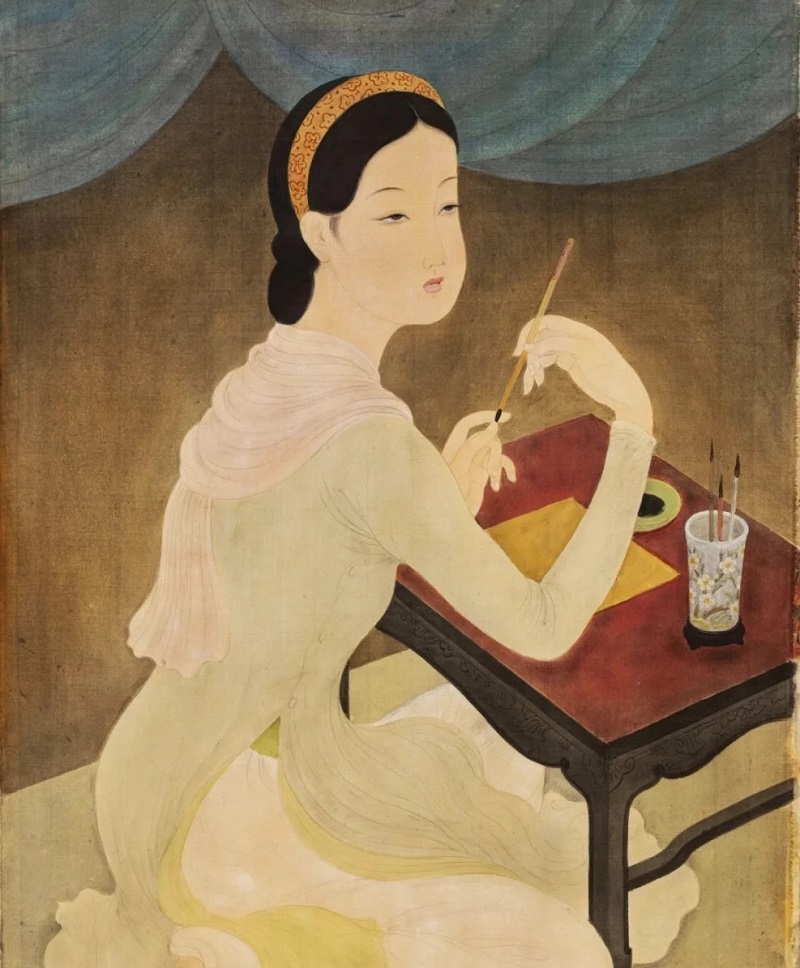 tranh vẽ cô gái mặc áo dài