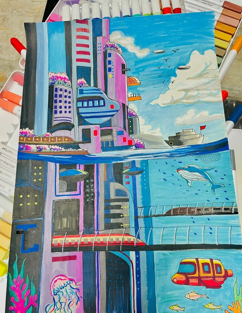 tranh vẽ thành phố xanh sạch đẹp