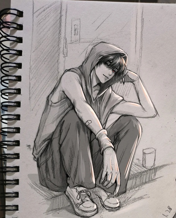 vẽ tranh anime nam mặc áo mũ​