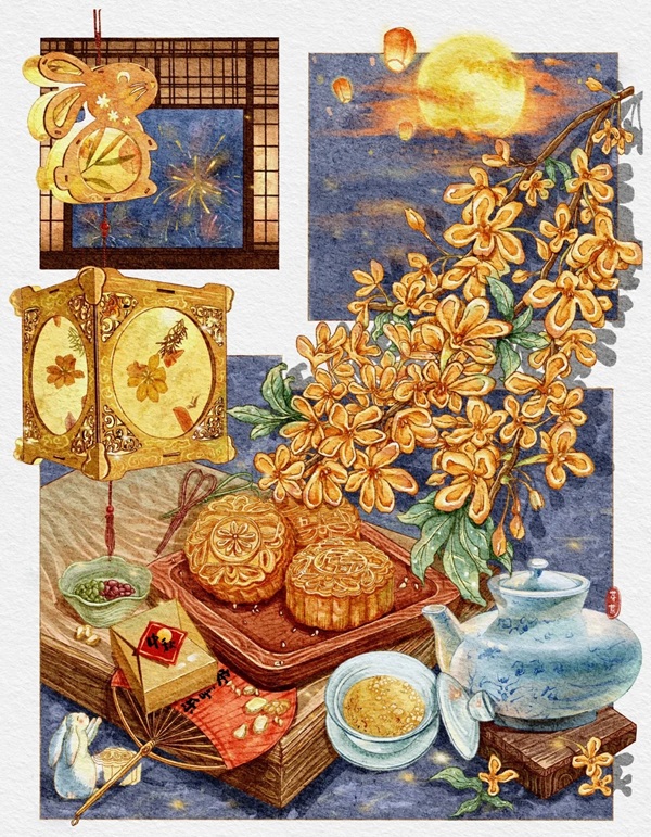 a painting of food and flowers