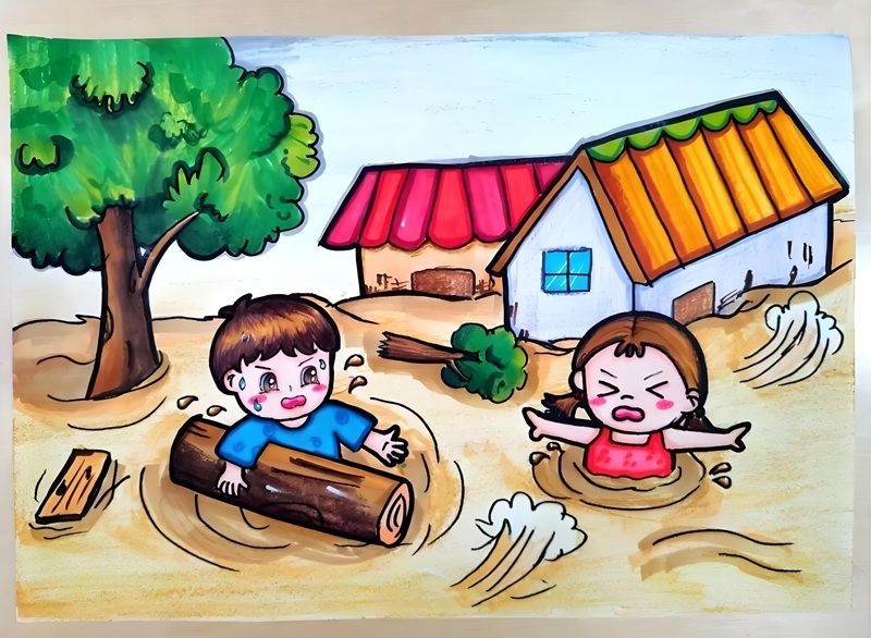 vẽ tranh đề tài lũ lụt 17