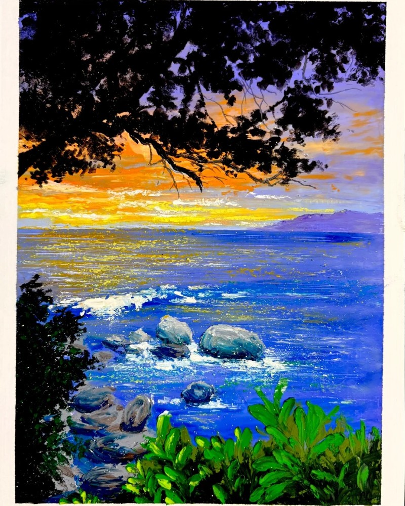 vẽ tranh phong cảnh hoàng hôn bằng màu sáp 1
