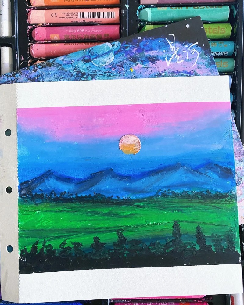 vẽ tranh phong cảnh hoàng hôn bằng màu sáp 18