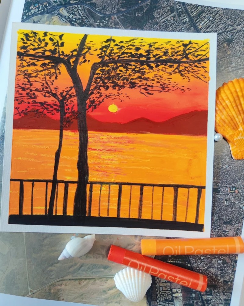 vẽ tranh phong cảnh hoàng hôn bằng màu sáp 2
