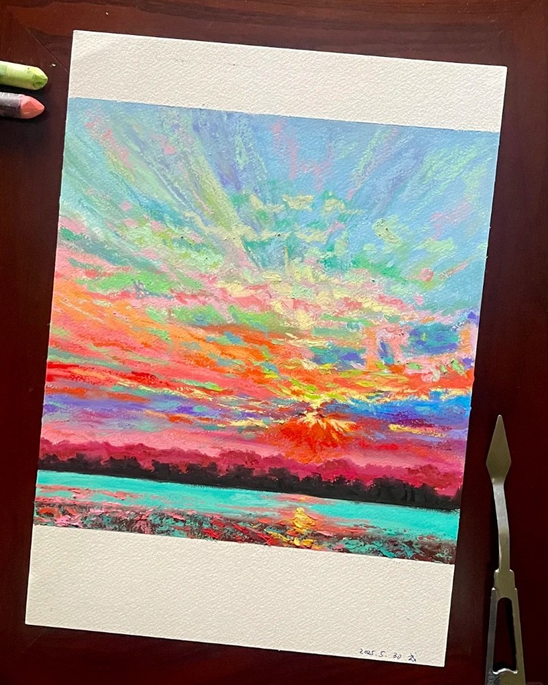 vẽ tranh phong cảnh hoàng hôn bằng màu sáp 11