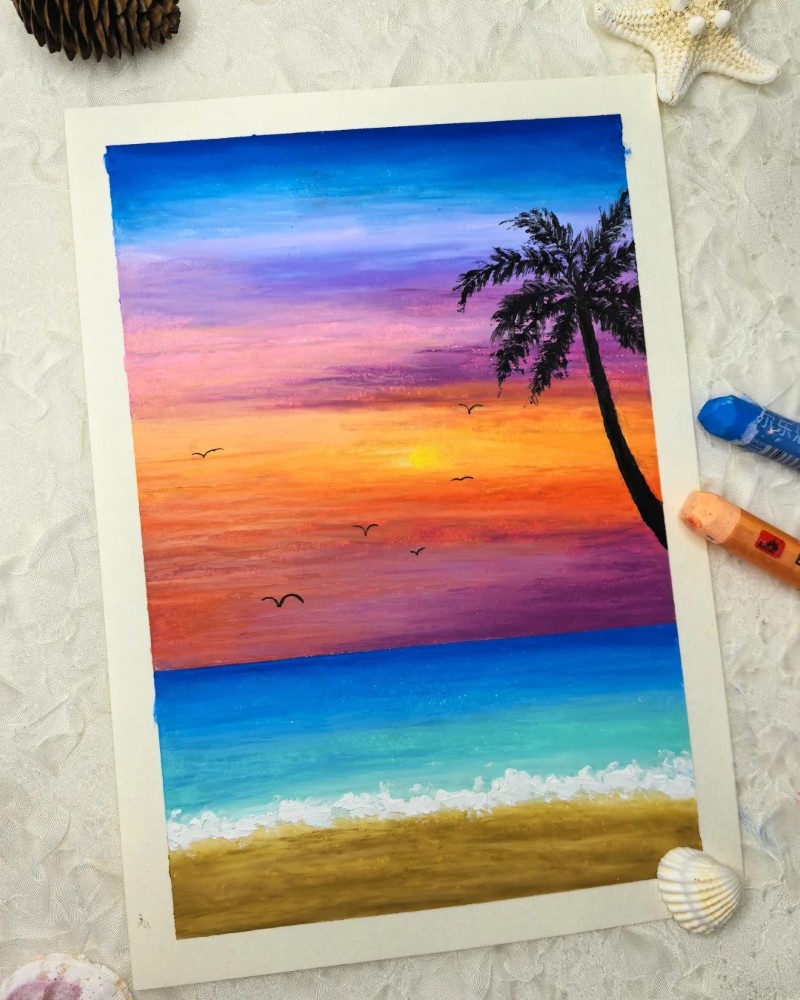 vẽ tranh phong cảnh hoàng hôn bằng màu sáp 7