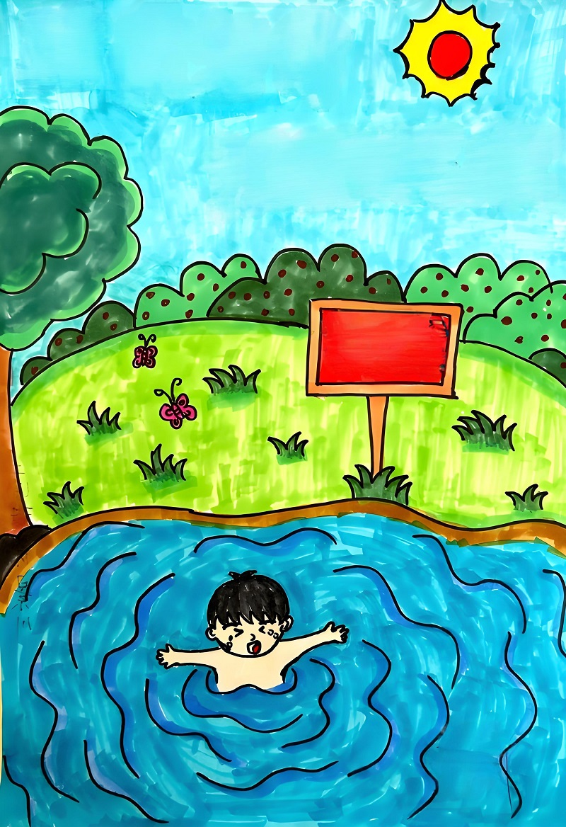 a drawing of a boy in a pool
