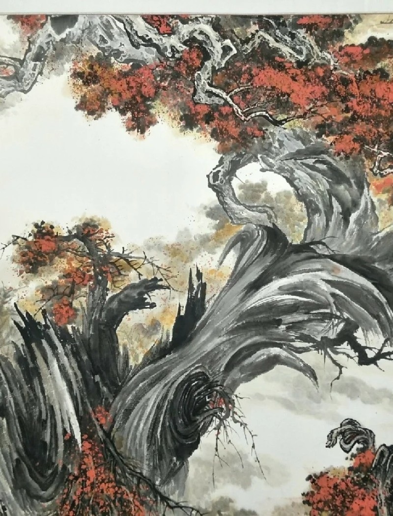 a painting of a tree with orange leaves