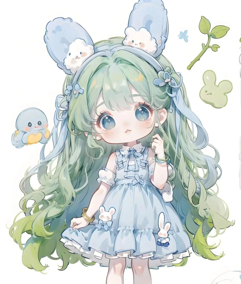 Cute character in pastel blue outfit.
