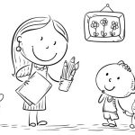 Teacher or mother encouraging the kid to draw, outline vector illustration.