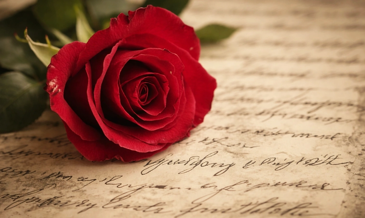 Hình ảnh một bông hồng đỏ thẫm trên bức thư cũ, gợi nhắc bài hát Love Story của Indila